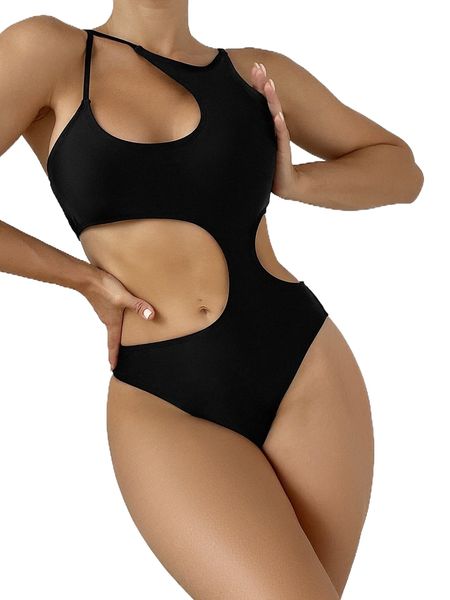 

cut out asymmetrical neck one piece swimsuit g9ys#, White;black