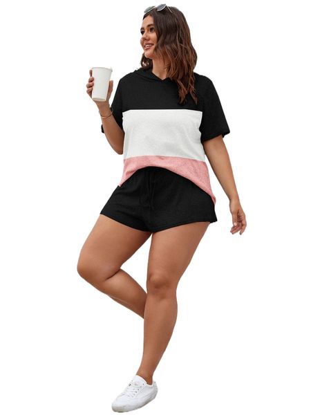 

plus color block hooded tee & tie front shorts g2kg#, Black