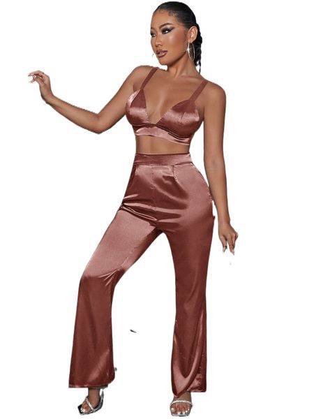 

sxy tie back crop satin cami & high waist pants r2gs#, White