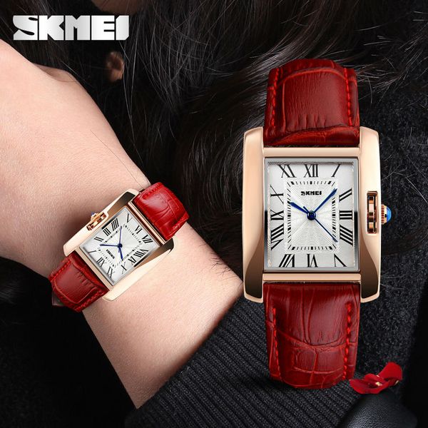 

skmei brand women quartz watch stainless steel case red genuine leather waterproof fashion casual watches lady wristwatches 1191