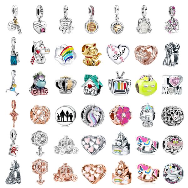 925 Sterling Silver Dangle Charm Novo charme de moda Original Golden Lucky Cat Rainbow TV Bead Fit Pandora Charms Bracelet Diy Acessórios