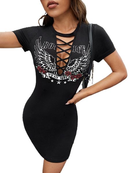 

wing & floral print crisscross cut out bodycon dress h1iz#, Black;gray
