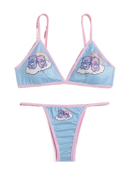 

romwe anime cartoon bear graphic ringer lingerie set 00x7#, Black;red