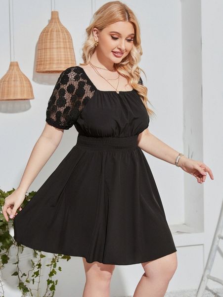 

plus lace insert puff sleeve shirred waist dress k5rq#, Black