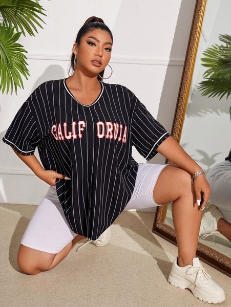 

sxy plus vertical striped & letter graphic drop shoulder blouse l87g#, Black