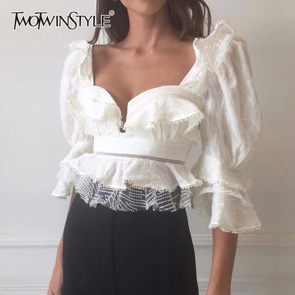 

twotwinstyle vintage patchwork lace shirt female square collar puff sleeve hollow out ruffles short blouse women fashion clothes 220329, White