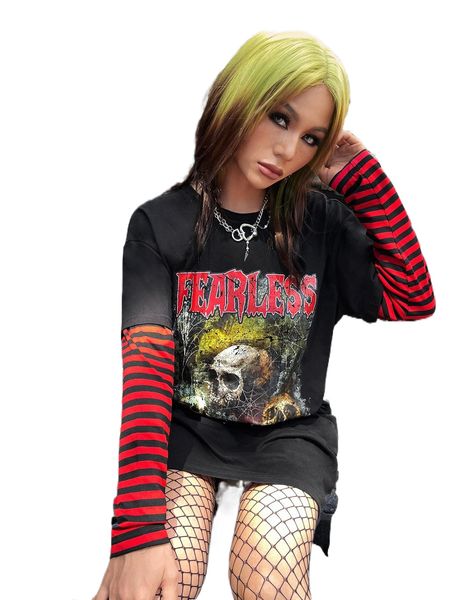 

skull & letter graphic striped 2 in 1 tee dress without belt x81t#, Black;gray