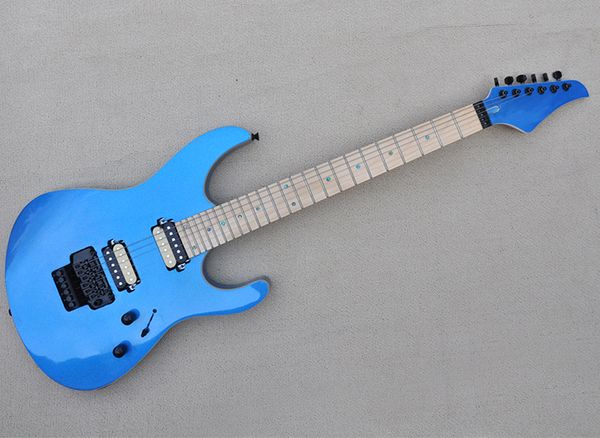 

blue electric guitar with floyd rose maple fretboard and abalone inlay