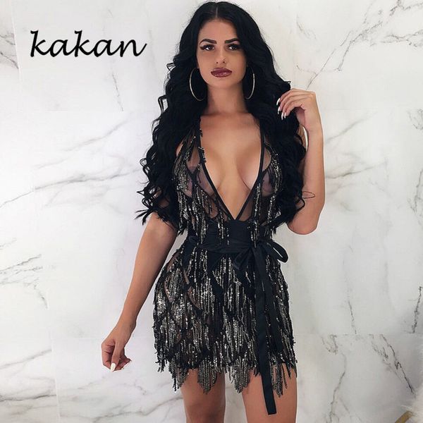 

kakan womens sequin dress twopiece niglub backless dress deep vneck tassel sequin club party dress y200824, Black;gray