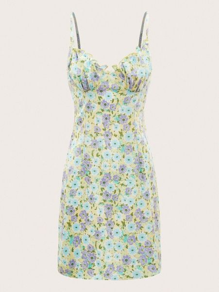 

frill trim floral print ruched bust cami dress w1md#, Black;gray