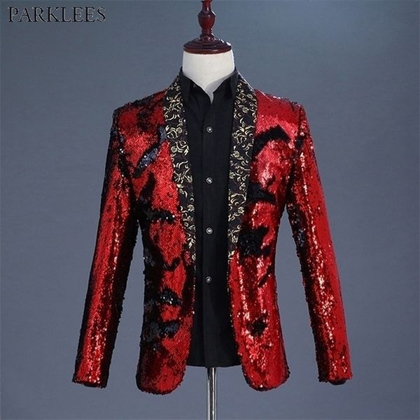 Shiny Red Pailletten Schalkragen Smoking Anzug Blazer Männer Hochzeit Bräutigam Sänger Prom Glitter Anzug Jacke DJ Club Bühne Blazer hombre 201104