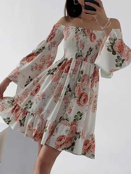 

floral print off shoulder shirred bust ruffle hem dress 677c#, Black;gray