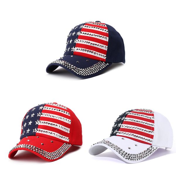 Cappelli da festa Trump Rivet Make America Great Diamond Bling Star Flag Berretto da baseball Cappello da spiaggia da viaggio unisex DHL Consegna gratuita DHL