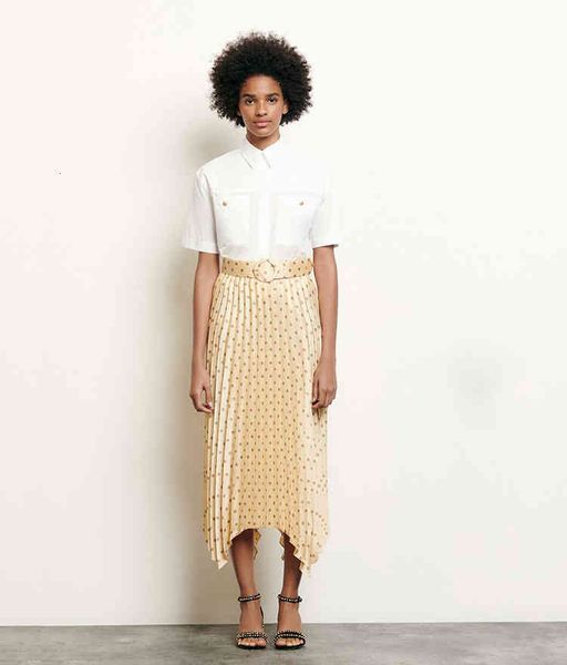 

skirts french elegant sandro skirt spring summer pleated belt wave point lady long, Black