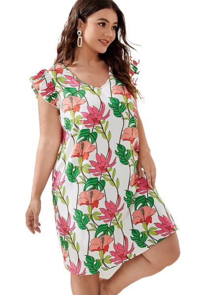 

plus floral print ruffle trim dress l2sa#, Black