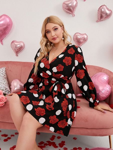 

plus floral print belted dress r2og#, Black