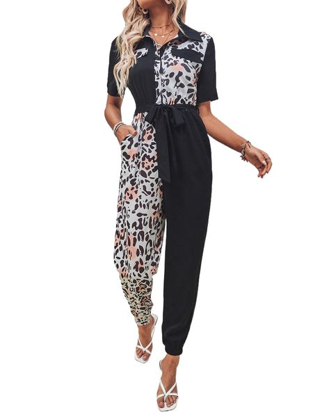 

leopard print slant pockets belted shirt jumpsuit k9sm#, Black;white