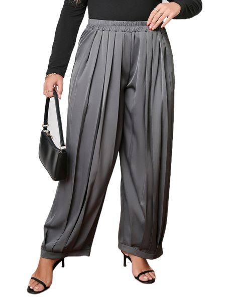 

plus pleated panel wide leg pants c15s#, Black