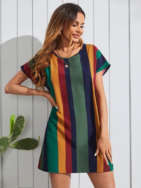 

colorful stripe tunic dress t75z#, Black;gray