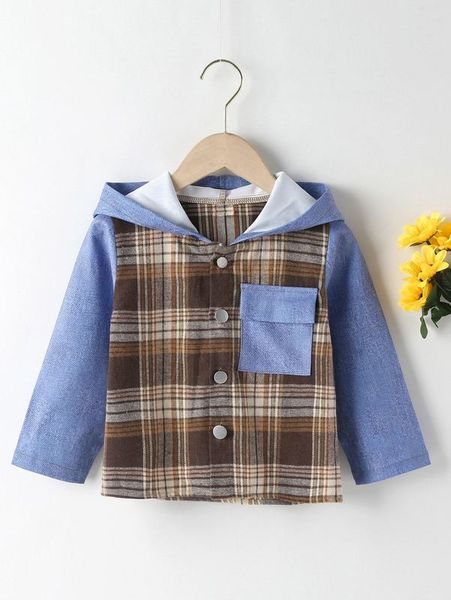 

toddler boys plaid flap pocket hooded coat she01, Blue;gray