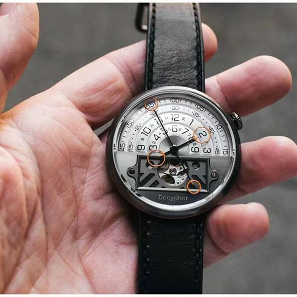 

decypher mens automatic watches 46mm dial eight color mechanical movement sapphire 316l fine steel man wristwatch hollow out, Slivery;brown