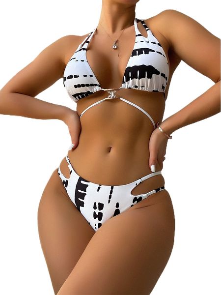 

allover print halter triangle bikini swimsuit x89b#, White;black
