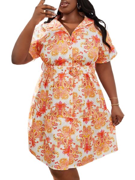 

plus paisley print raglan sleeve ruffle hem belted dress n49e#, Black