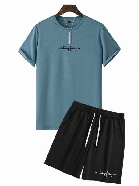 

men slogan graphic tee & drawstring shorts j33l#, Gray