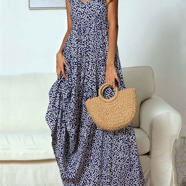 

summer boho maxi dress women viscose party long floral bohemian spaghetti strap v neck a line flower es for 220426, Black;gray