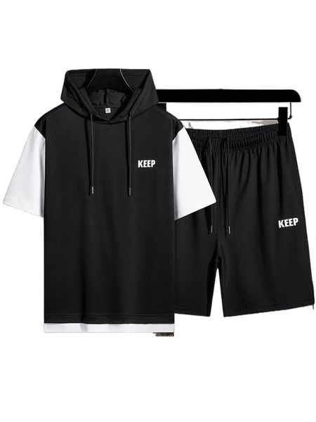 

men color-block letter graphic drawstring hooded tee & drawstring track shorts x8xe#, Gray