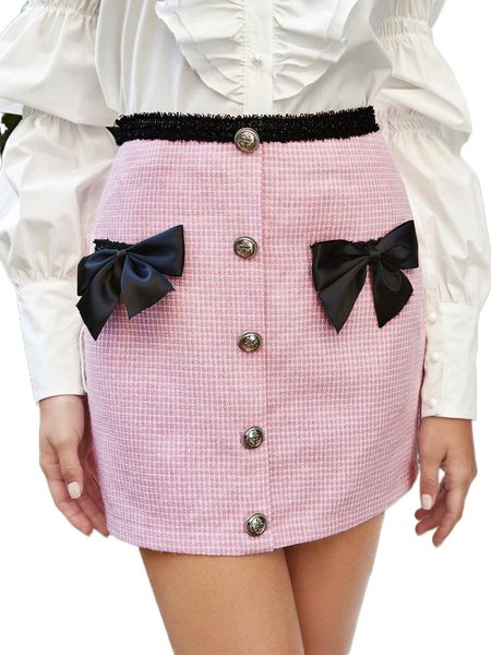 

plaid pattern bow detail contrast fuzzy waist tweed skirt o8ns#, Black