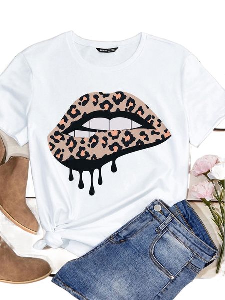 

plus leopard & lip print tee k9pk#, Black