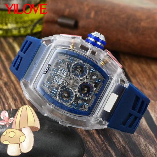

transparent fashion case design men's watch six hands calendar multifunction chronograph quartz movement clock 43mm barrel shape rubber, Slivery;brown