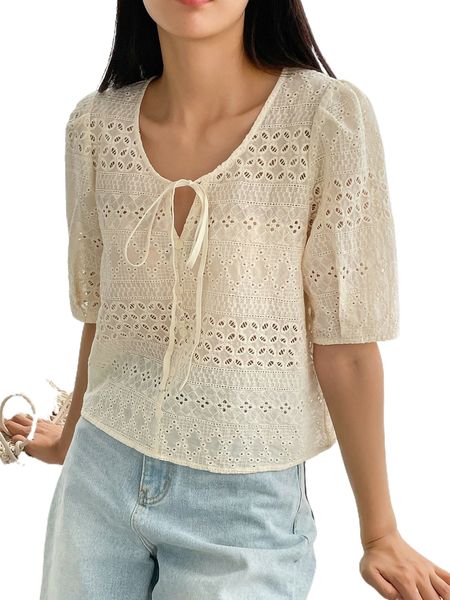 

dazy tie front puff sleeve eyelet embroidered blouse z9eo#, White