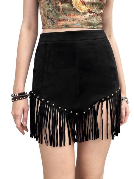 

studded detail fringe trim skirt a8tu#, Black