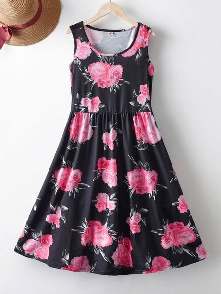 

1pc floral print a-line dress h3pc#, Black;gray