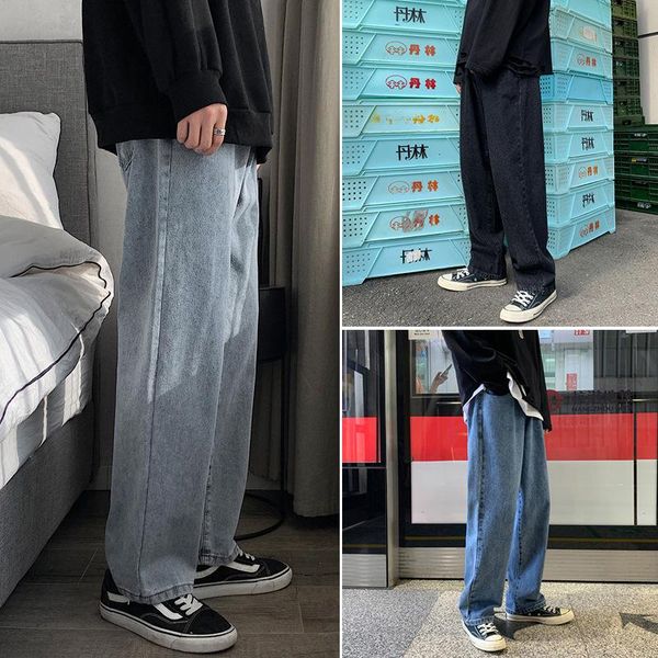 

men's jeans spring autumn streetwear baggy men korean fashion loose straight wide leg pants male black light bluemen's, Blue