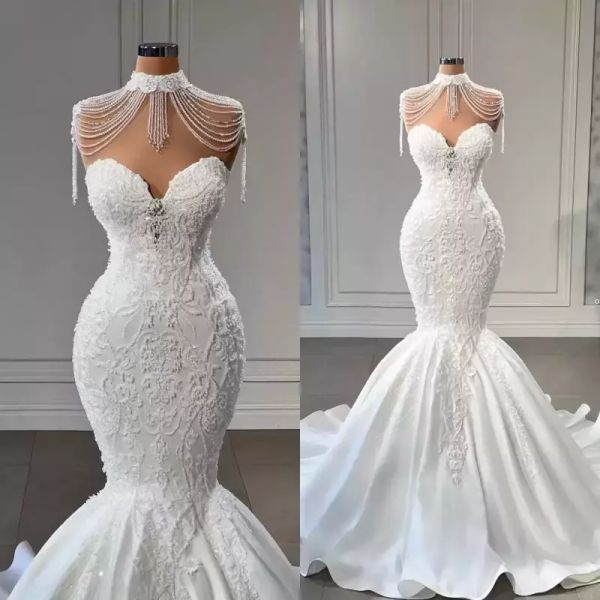 

gorgeous mermaid wedding dresses bridal gown off the shoulder sweetheart neckline beading sweep train satin plus size vestidos de novia, White