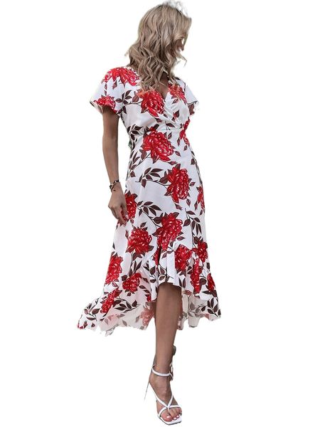 

floral print surplice neck mermaid hem dress u7le#, Black;gray