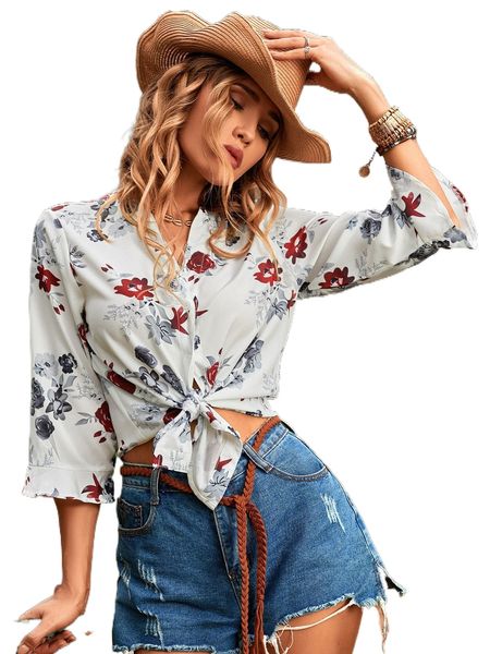 

floral flounce sleeve popover blouse a77p#, White