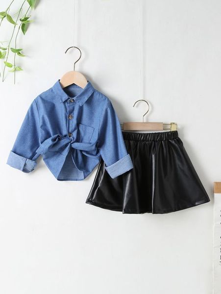 

toddler girls pocket patched blouse & skirt she, White