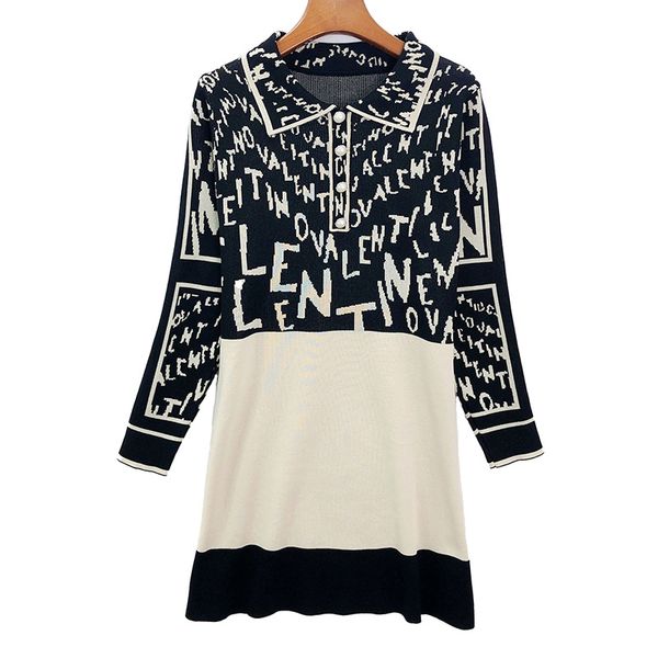 

casual dresses df autumn loose large size women sweater long sleeve lapel button female knitted letter retro straight longuette, Black;gray