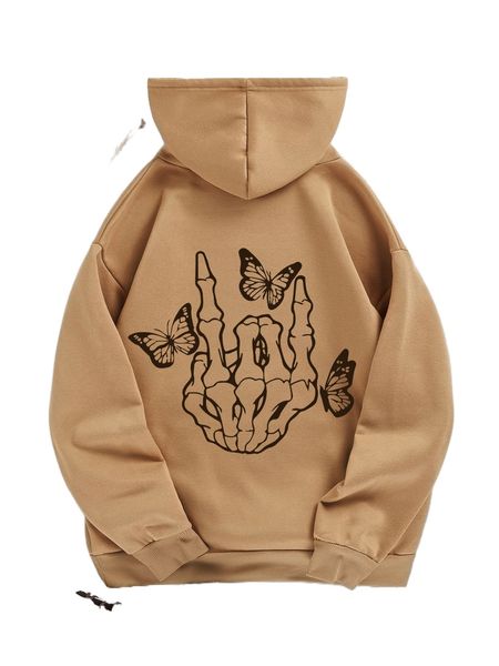 

skeleton and butterfly print drawstring thermal lined hoodie i5w9#, Black