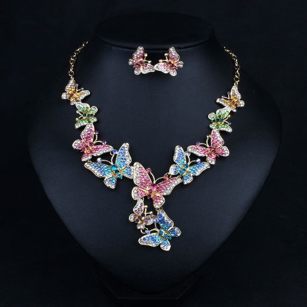 

new selling butterfly diamond necklace sets popular jewelry western style retro colorful gemstone national necklaces earrings set white blac, Silver