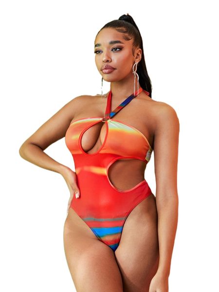 

sxy tie dye cut-out o-ring knot backless bodysuit e33q#, White