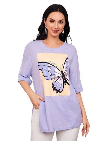 

slogan & butterfly print drop shoulder split hem tee n4tr#, White