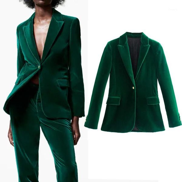 Damen Zweiteilige Hosen 2022 Grüner Blazer Damenmode Samtanzug Vintage Set Frau 2 Stück Klassisches Büro Hohe Taille Elegante Hosenanzüge