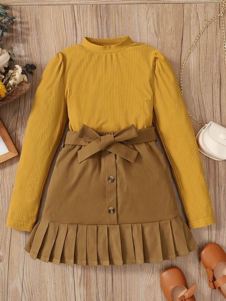 

girls mock neck puff sleeve tee & pleated belted skirt she, White