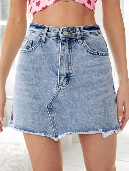 

high waist raw trim denim skirt p0ke#, Black
