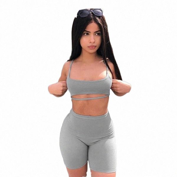 

short two piece set crop and biker shorts grey black bodycon matching sets summer clothes for women v2w3#, Gray